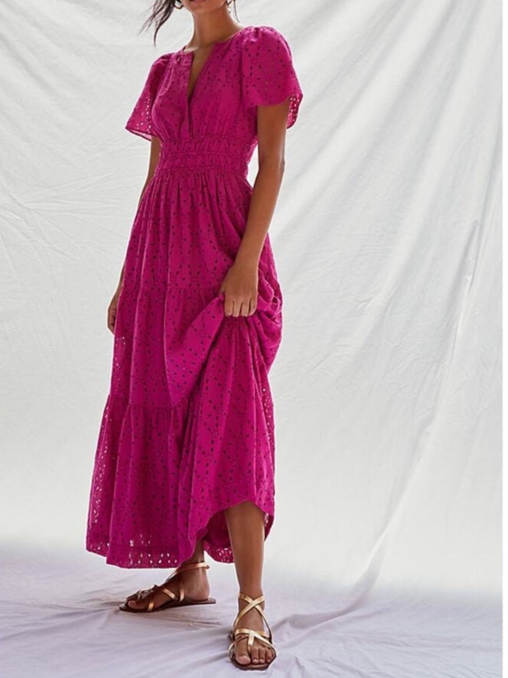 Anthropologie Maeve Somerset Eyelet Floral Tiered Maxi Dress Magenta Pink Sz MP